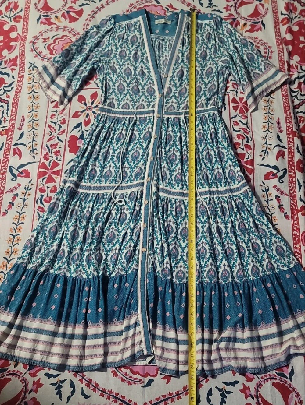 Free People Boho Chic Button-Front Midi Dress in Teal Pink and White